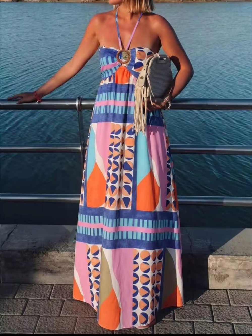 Women’s Geometric Print Maxi Dress - Pink & Blue